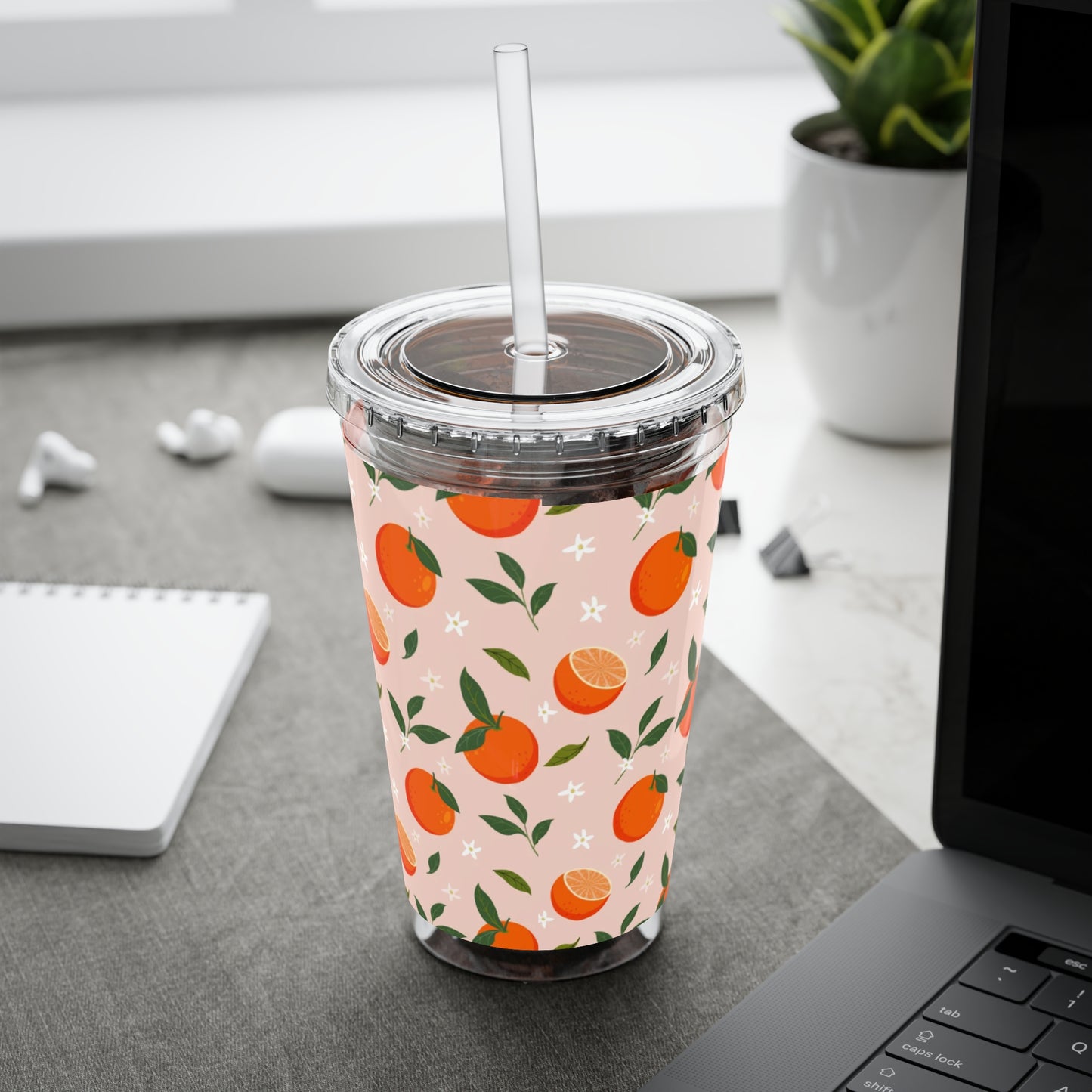 Sunsplash Orange Tumbler with Straw - 16oz Plastic Drinkware