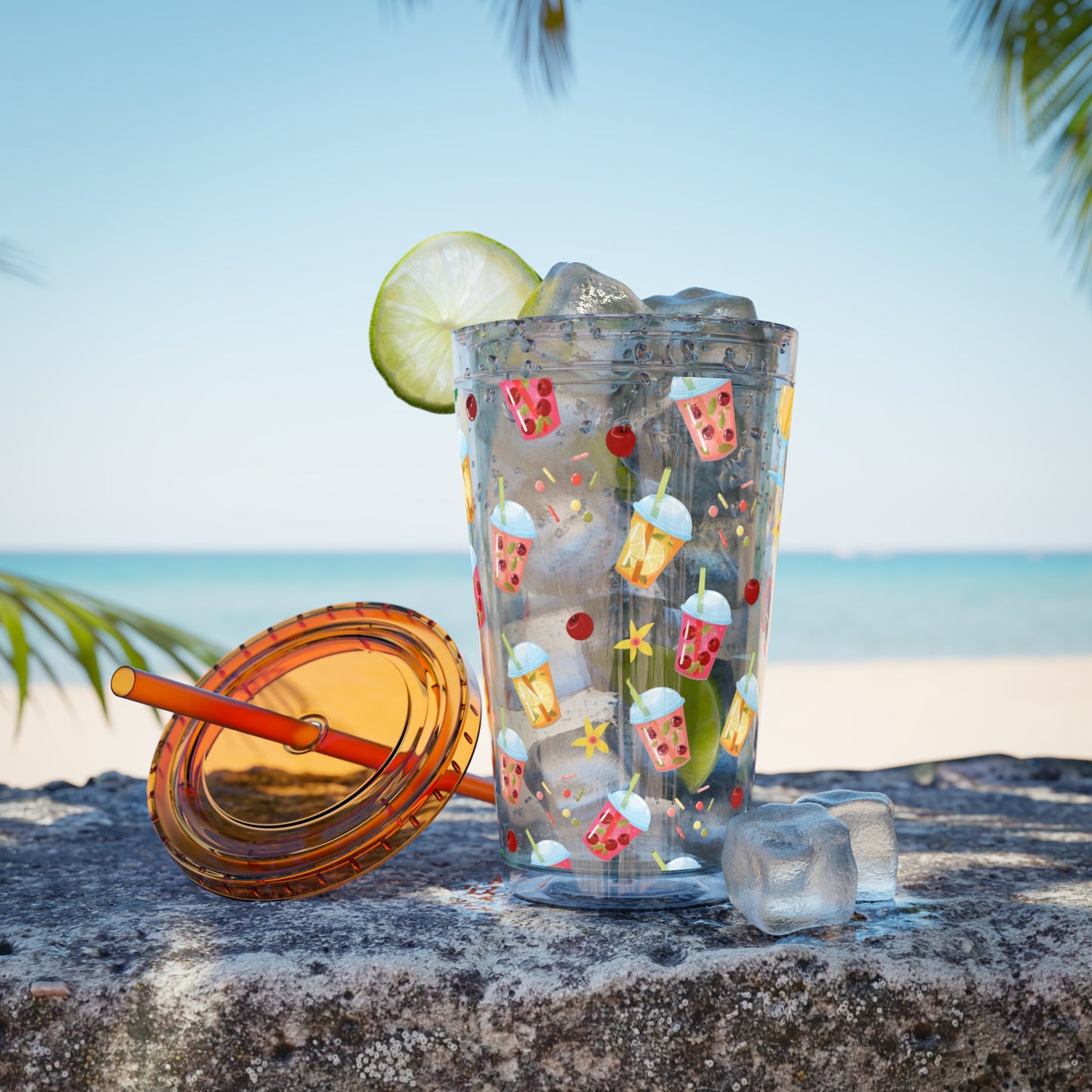 Drinks & Cherries Plastic Tumbler with Straw - 16oz
