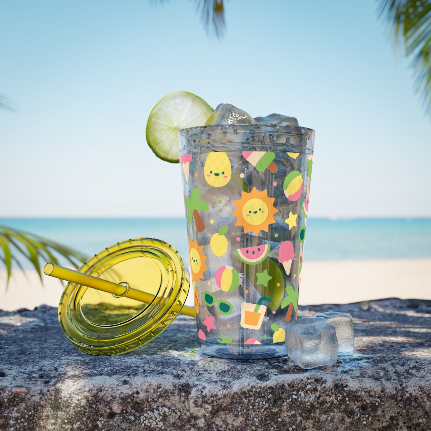 Sunsplash Summer Tumbler with Straw – 16oz Tropical Drink Cup for Fun Days