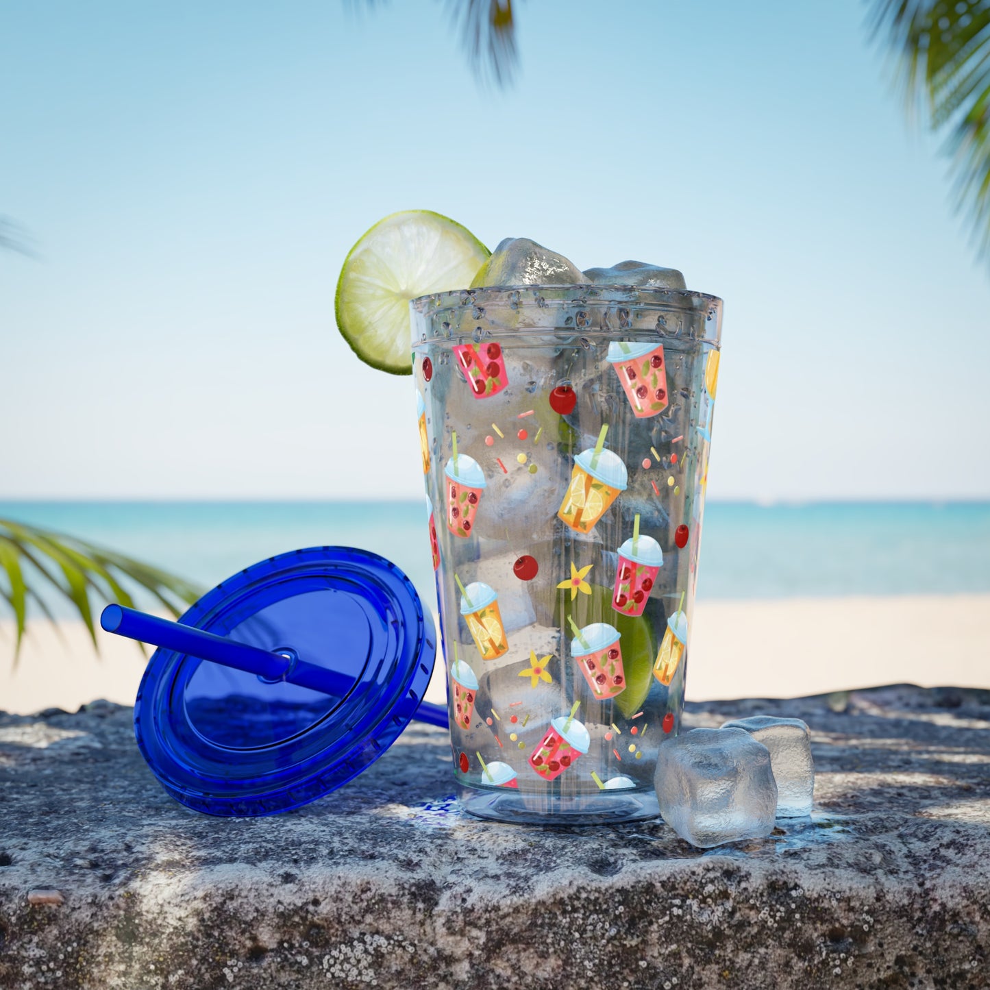 Drinks & Cherries Plastic Tumbler with Straw - 16oz