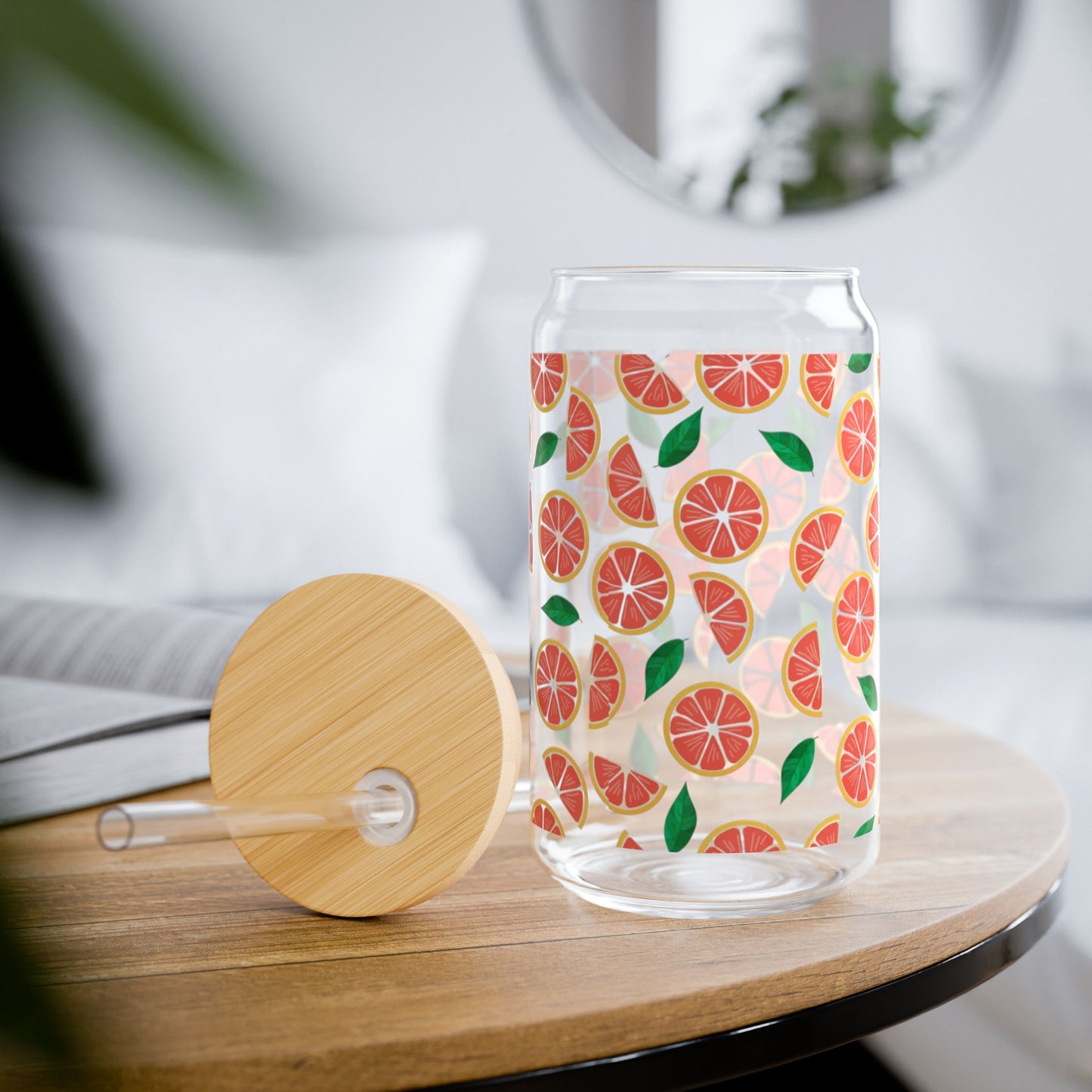 Grapefruit-Patterned 16oz Sipper Glass with Bamboo Lid
