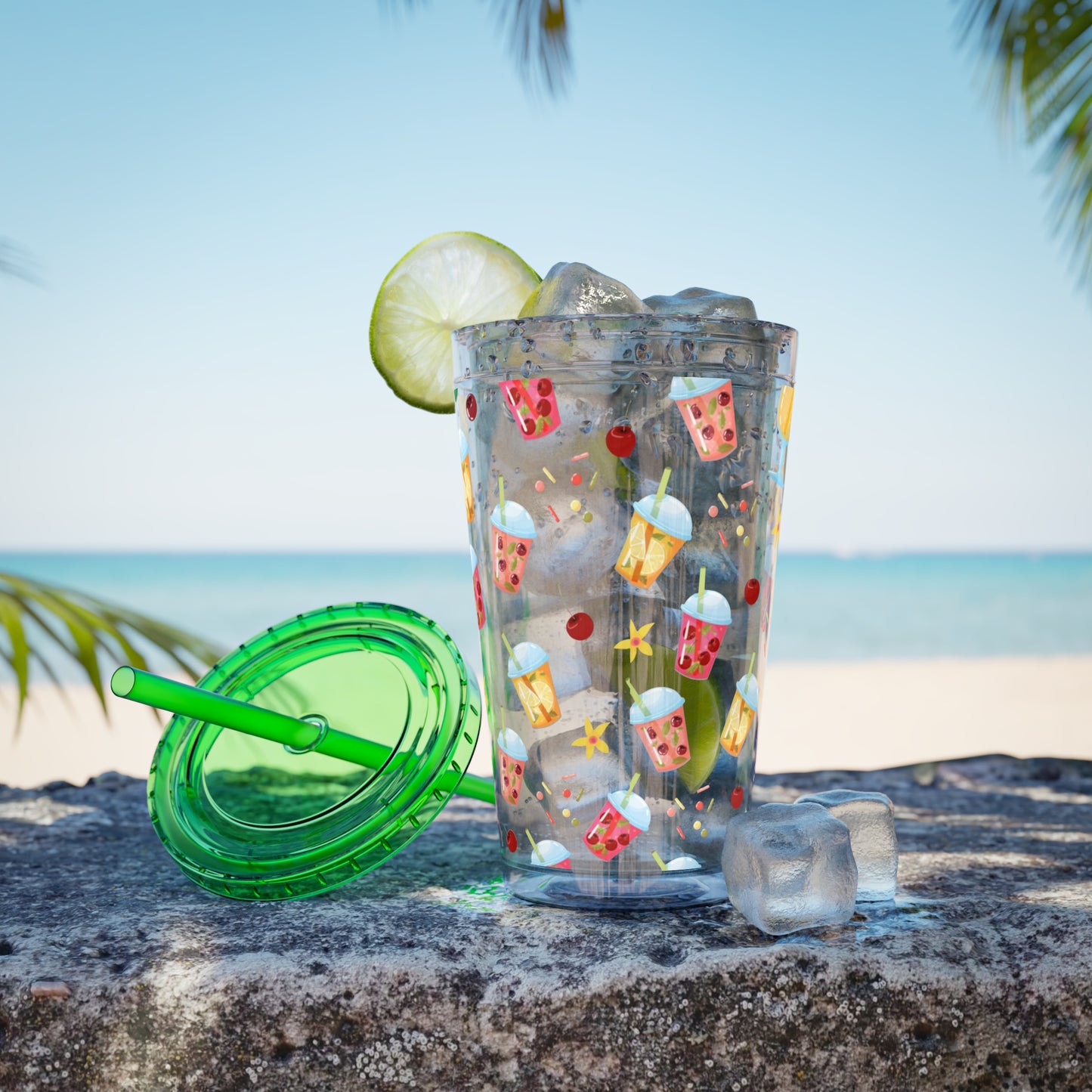 Drinks & Cherries Plastic Tumbler with Straw - 16oz