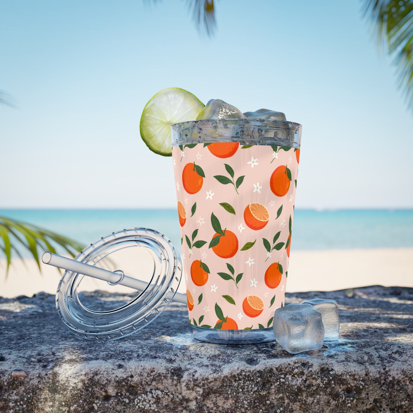Sunsplash Orange Tumbler with Straw - 16oz Plastic Drinkware