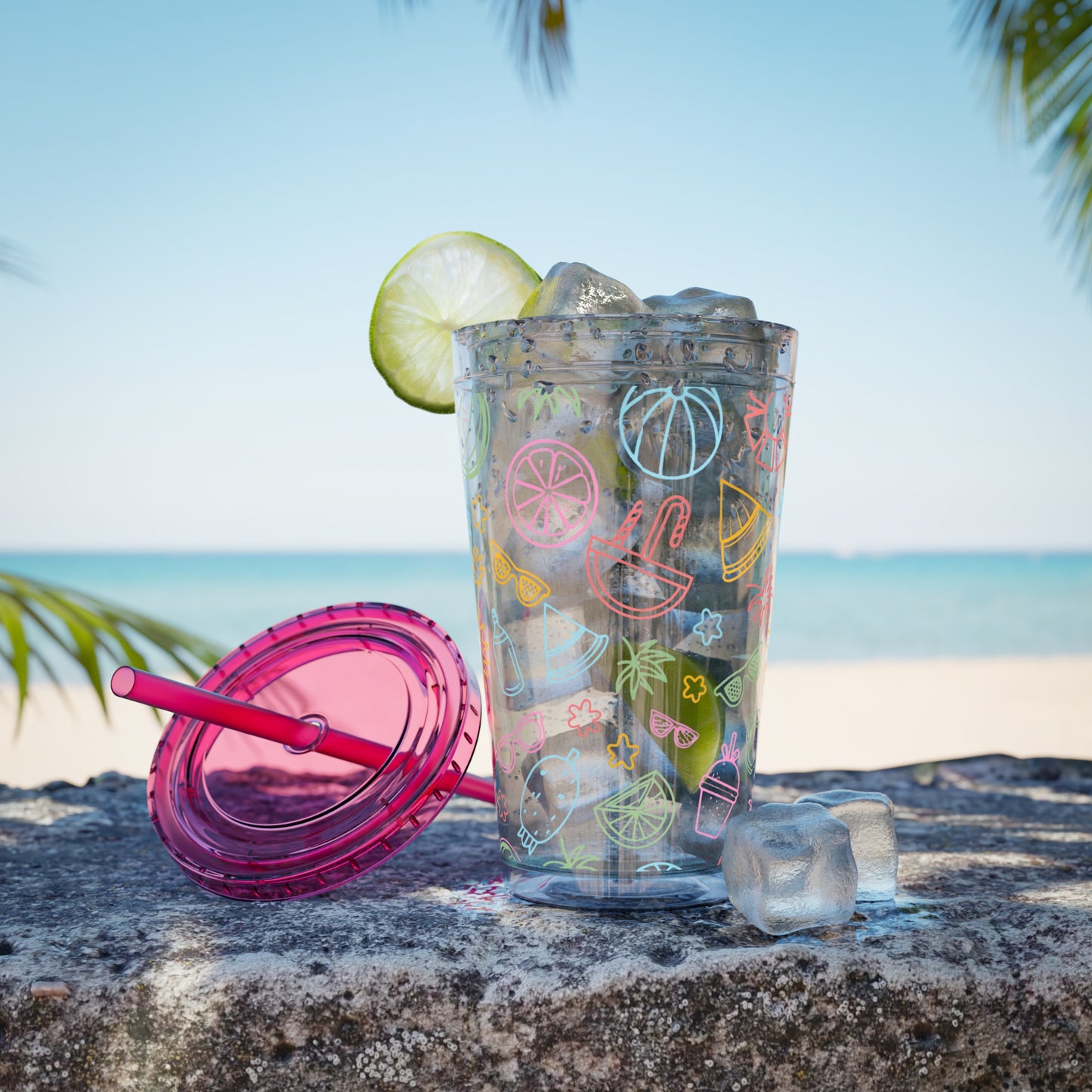 Sunsplash Plastic Tumbler - 16oz Summer Drinkware with Straw