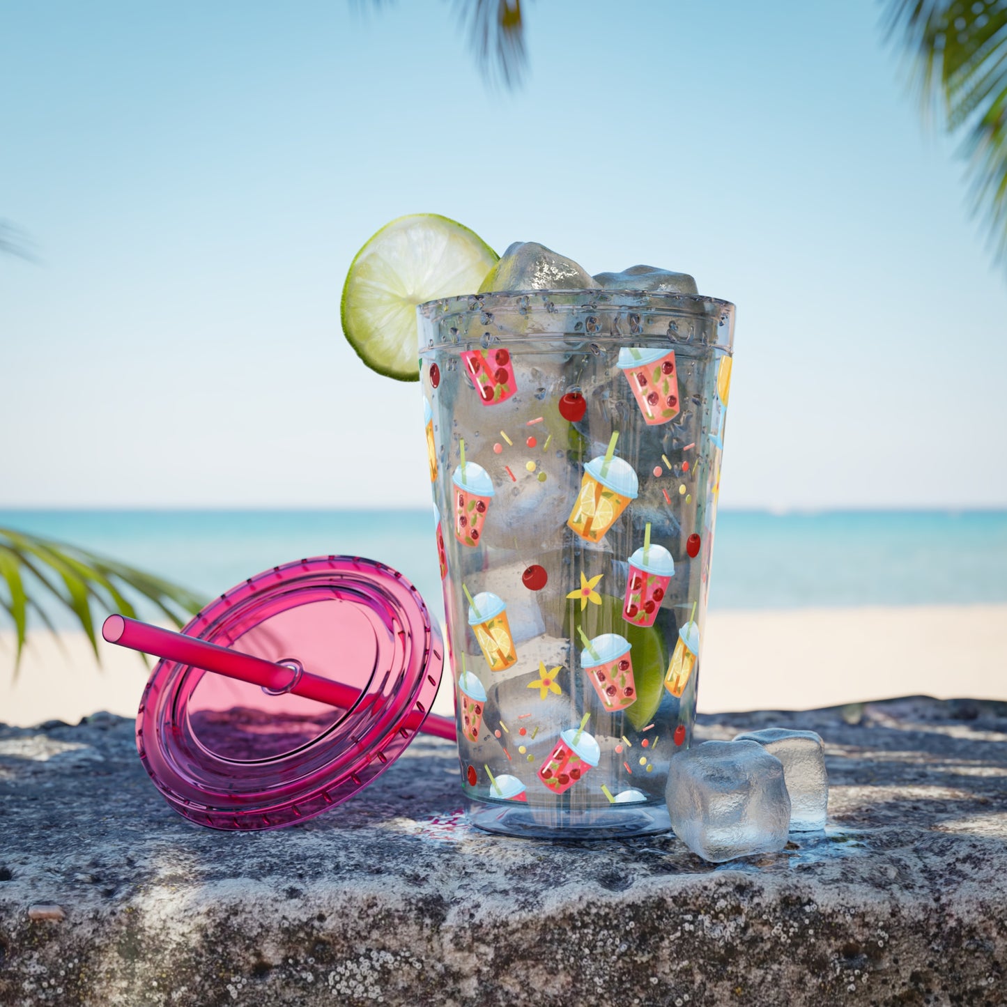 Drinks & Cherries Plastic Tumbler with Straw - 16oz
