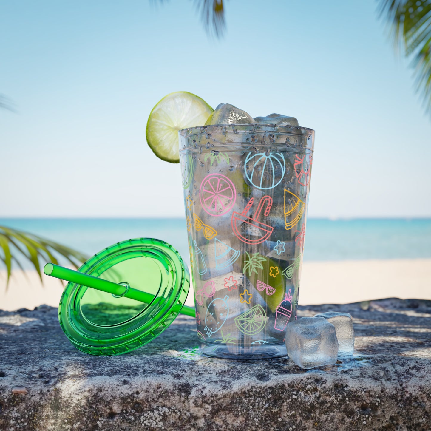 Sunsplash Plastic Tumbler - 16oz Summer Drinkware with Straw