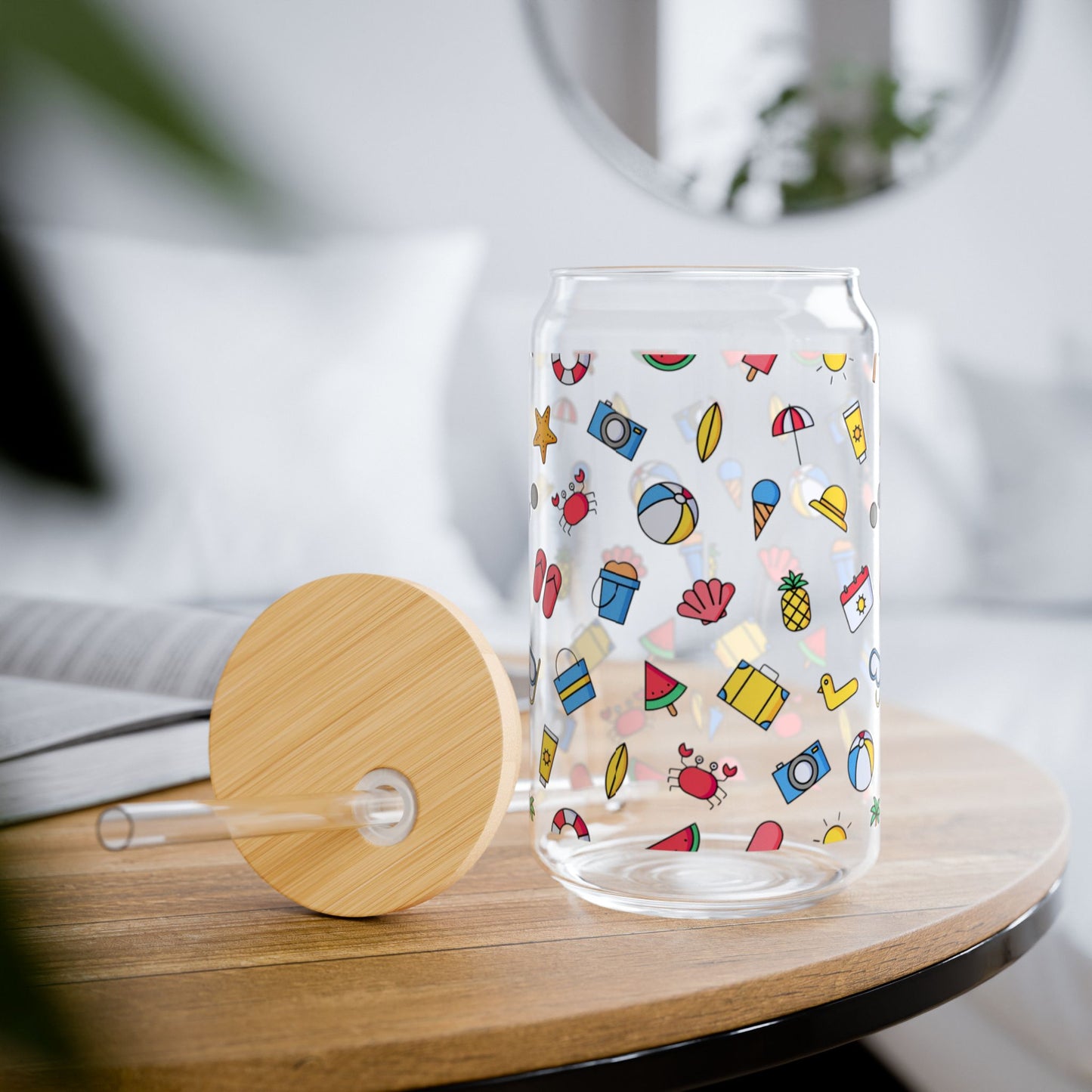Colorful Summer Sipper Glass - 16oz with Straw and Bamboo Lid