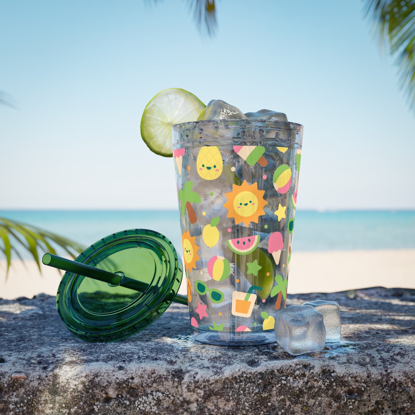 Sunsplash Summer Tumbler with Straw – 16oz Tropical Drink Cup for Fun Days