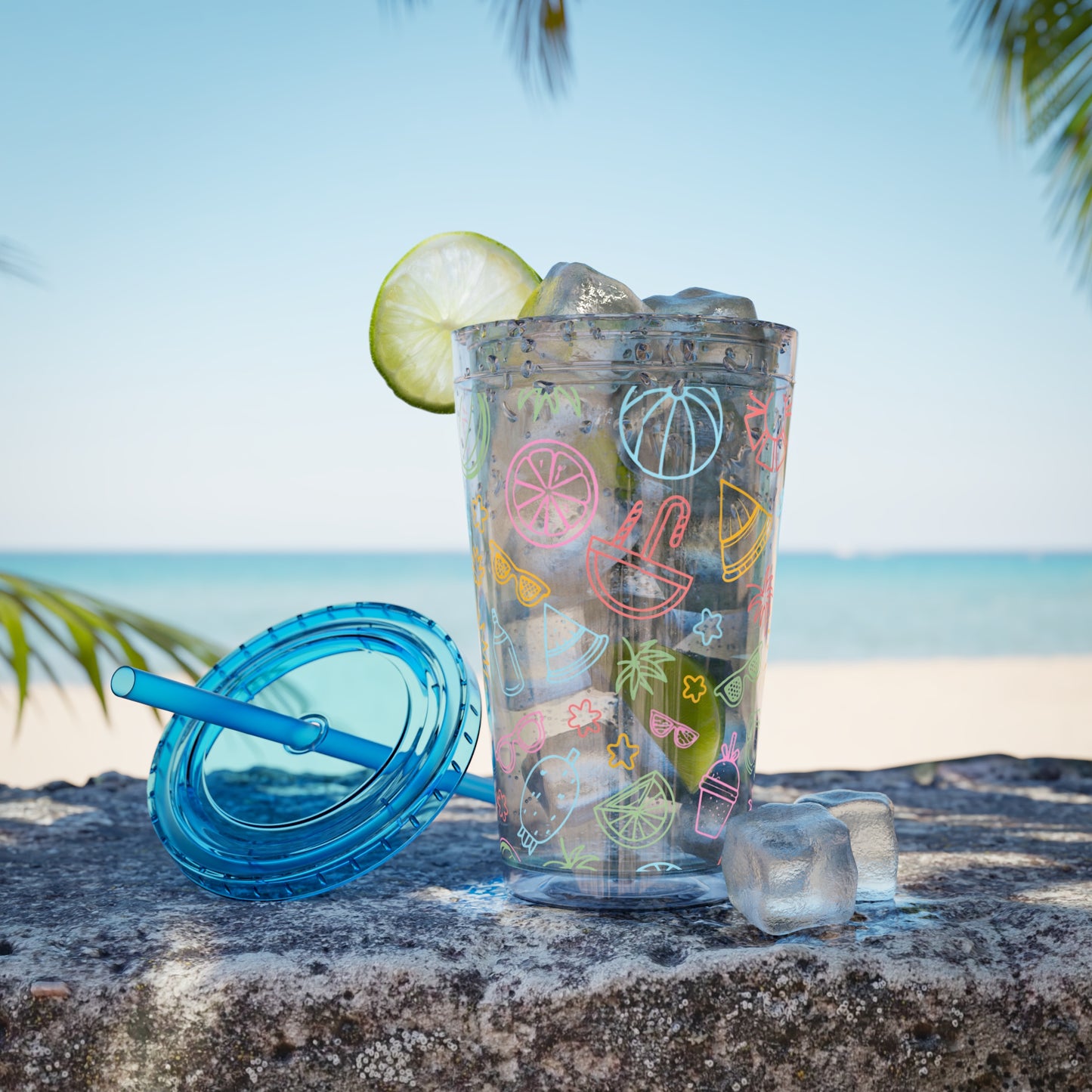 Sunsplash Plastic Tumbler - 16oz Summer Drinkware with Straw