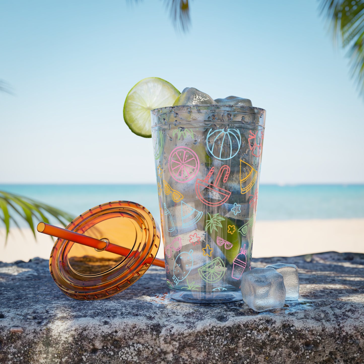 Sunsplash Plastic Tumbler - 16oz Summer Drinkware with Straw