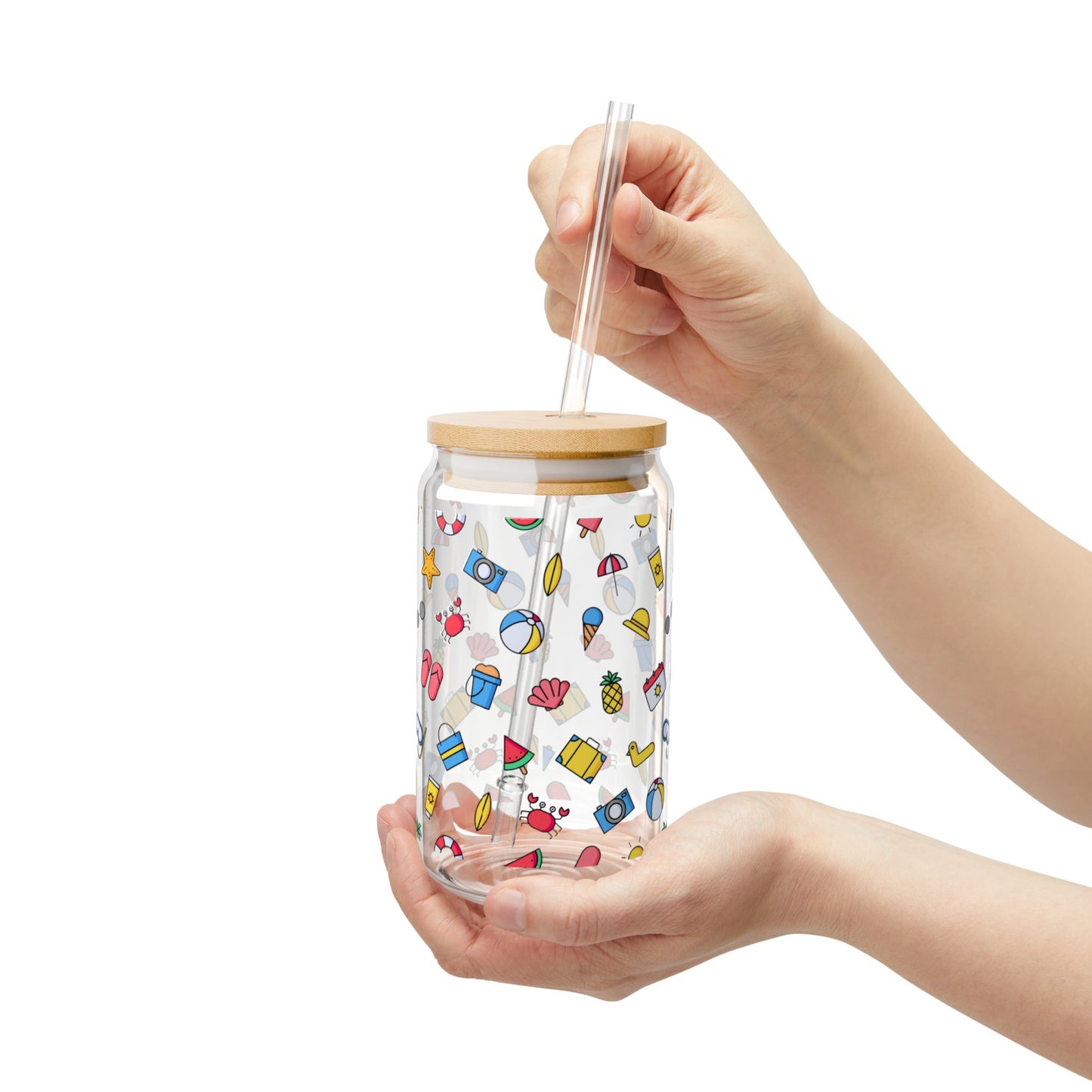Colorful Summer Sipper Glass - 16oz with Straw and Bamboo Lid