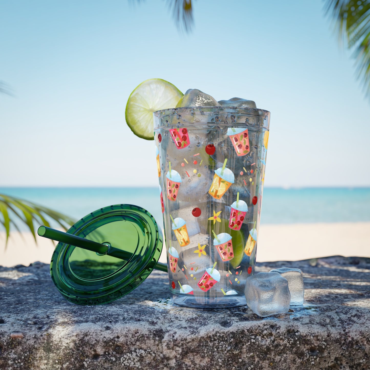 Drinks & Cherries Plastic Tumbler with Straw - 16oz