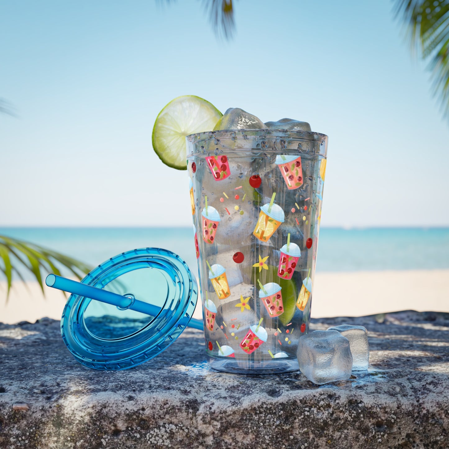 Drinks & Cherries Plastic Tumbler with Straw - 16oz