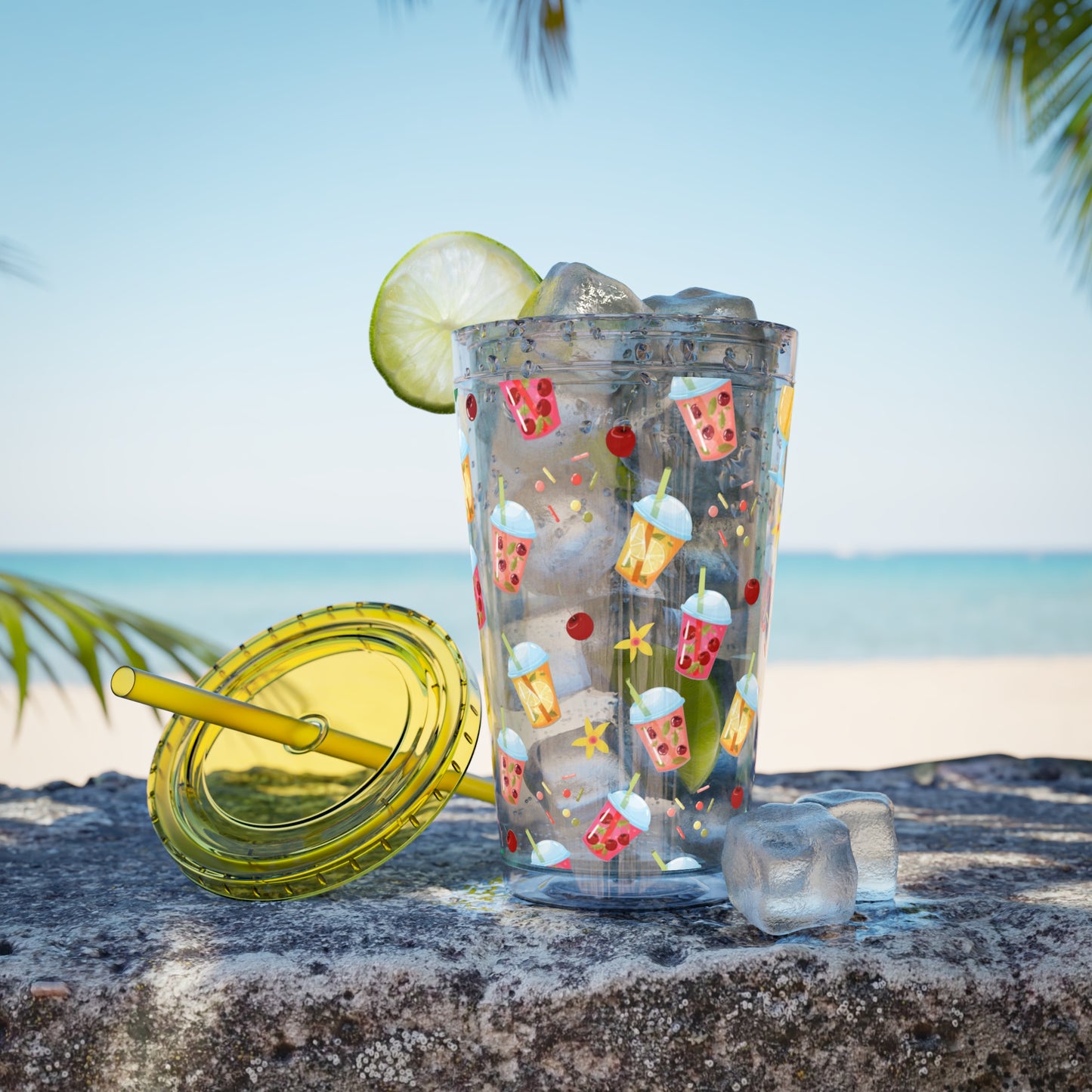 Drinks & Cherries Plastic Tumbler with Straw - 16oz