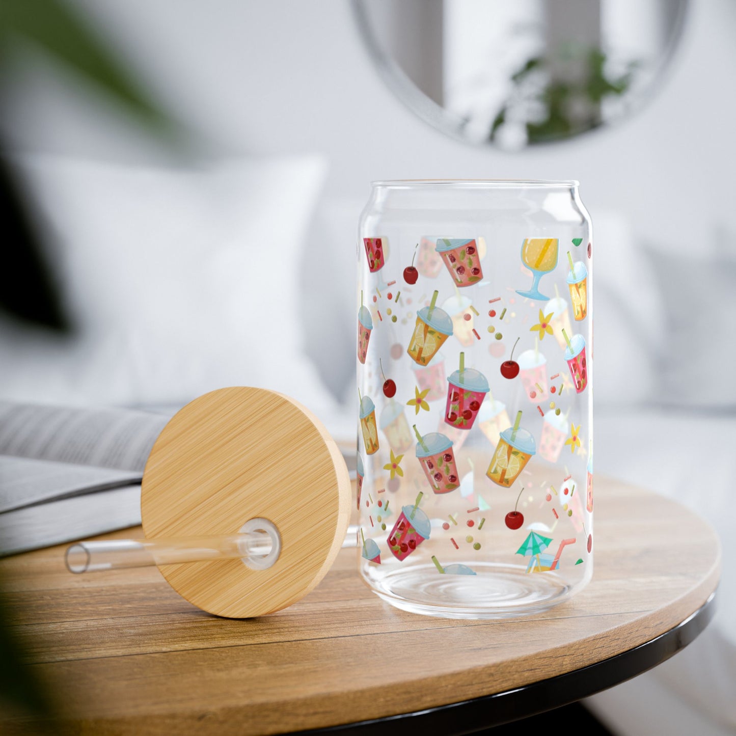 Colorful Tropical Sipper Glass - 16oz Drinkware with Bamboo Lid