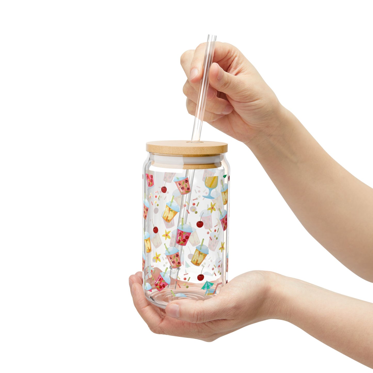 Colorful Tropical Sipper Glass - 16oz Drinkware with Bamboo Lid