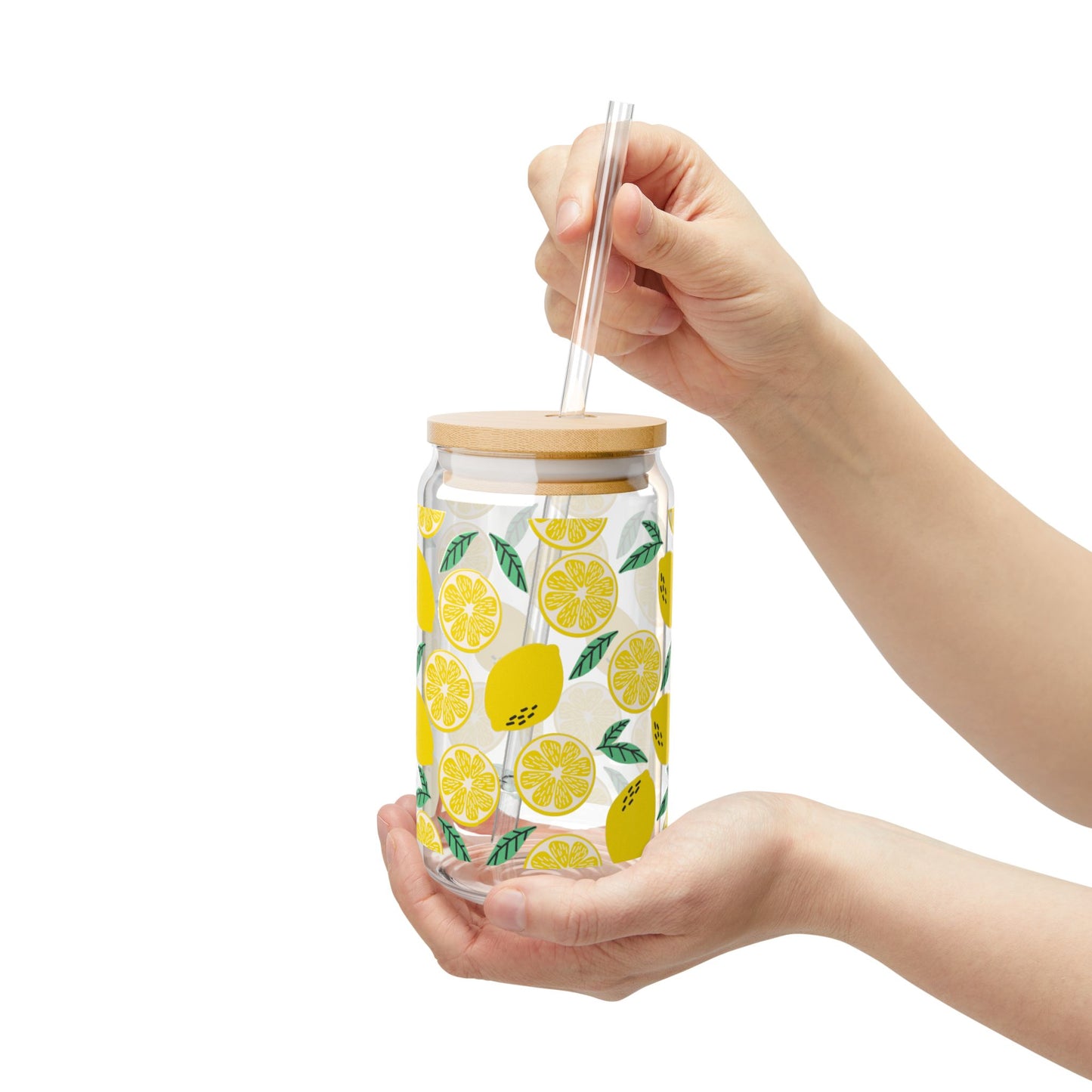 Lemon-Patterned Sipper Glass - 16oz Eco-Friendly Drinkware with Reusable Straw