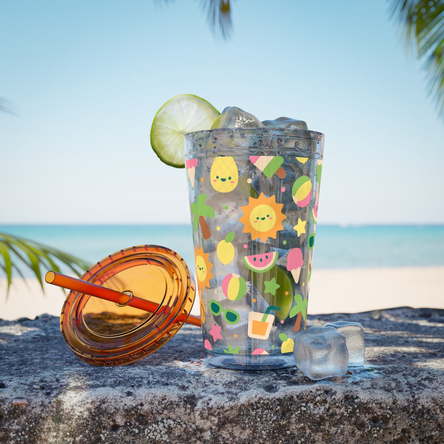 Sunsplash Summer Tumbler with Straw – 16oz Tropical Drink Cup for Fun Days