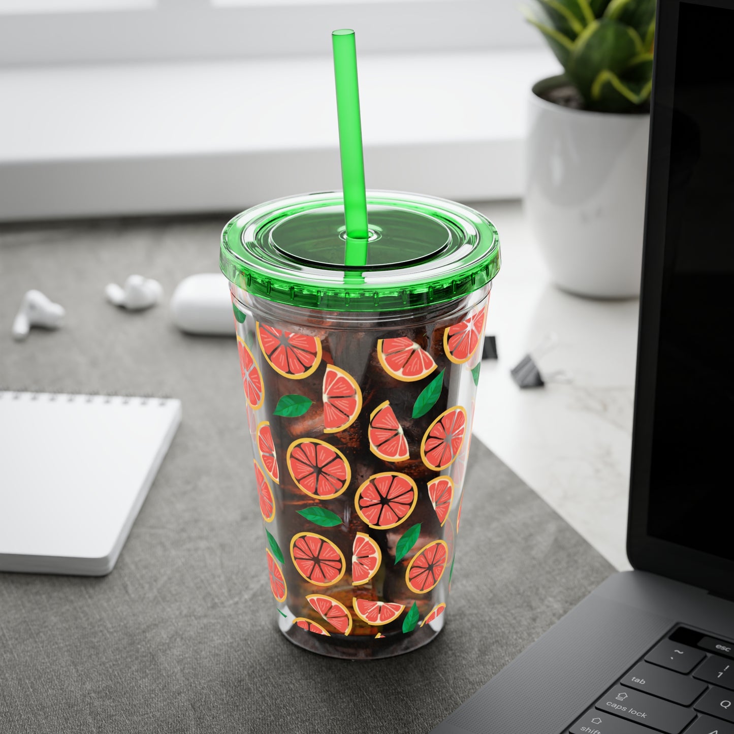 Grapefruit Plastic Tumbler with Straw - 16oz Summer Drinkware