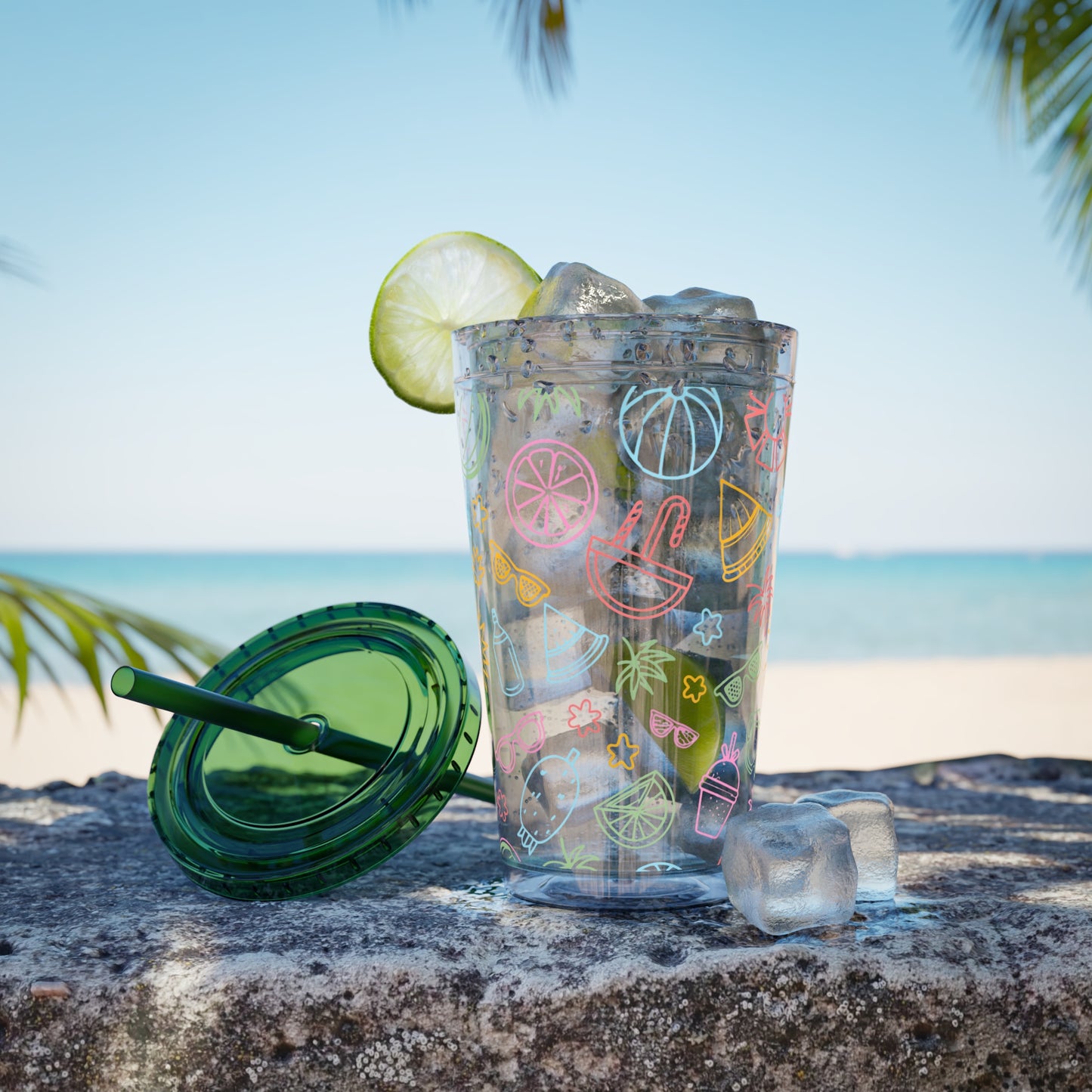 Sunsplash Plastic Tumbler - 16oz Summer Drinkware with Straw