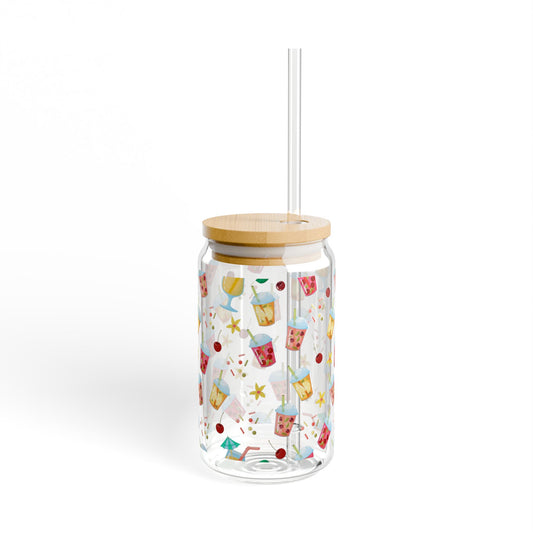 Colorful Tropical Sipper Glass - 16oz Drinkware with Bamboo Lid