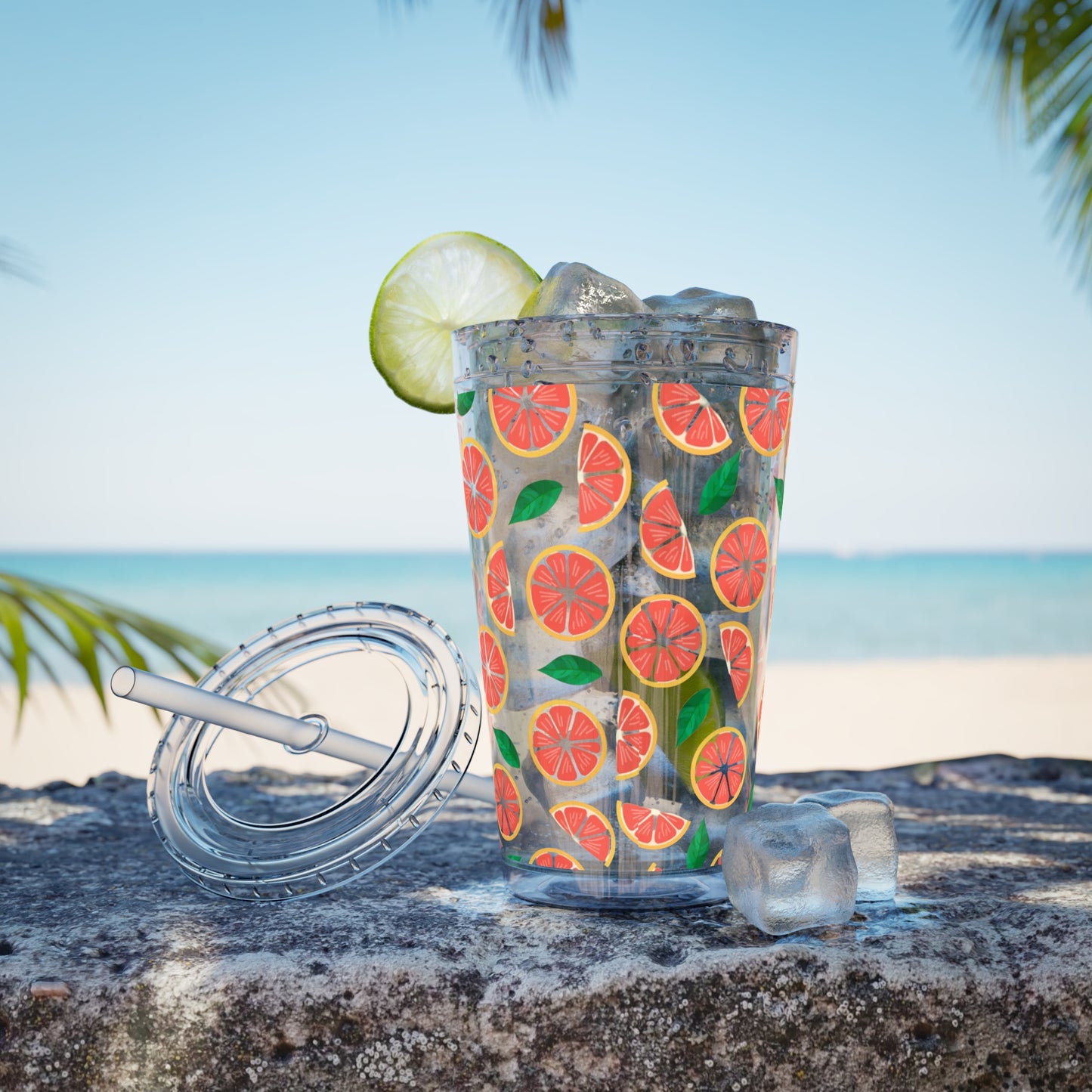 Grapefruit Plastic Tumbler with Straw - 16oz Summer Drinkware