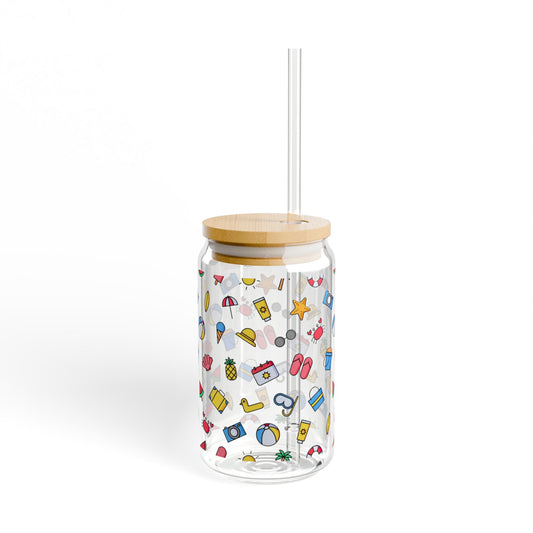 Colorful Summer Sipper Glass - 16oz with Straw and Bamboo Lid