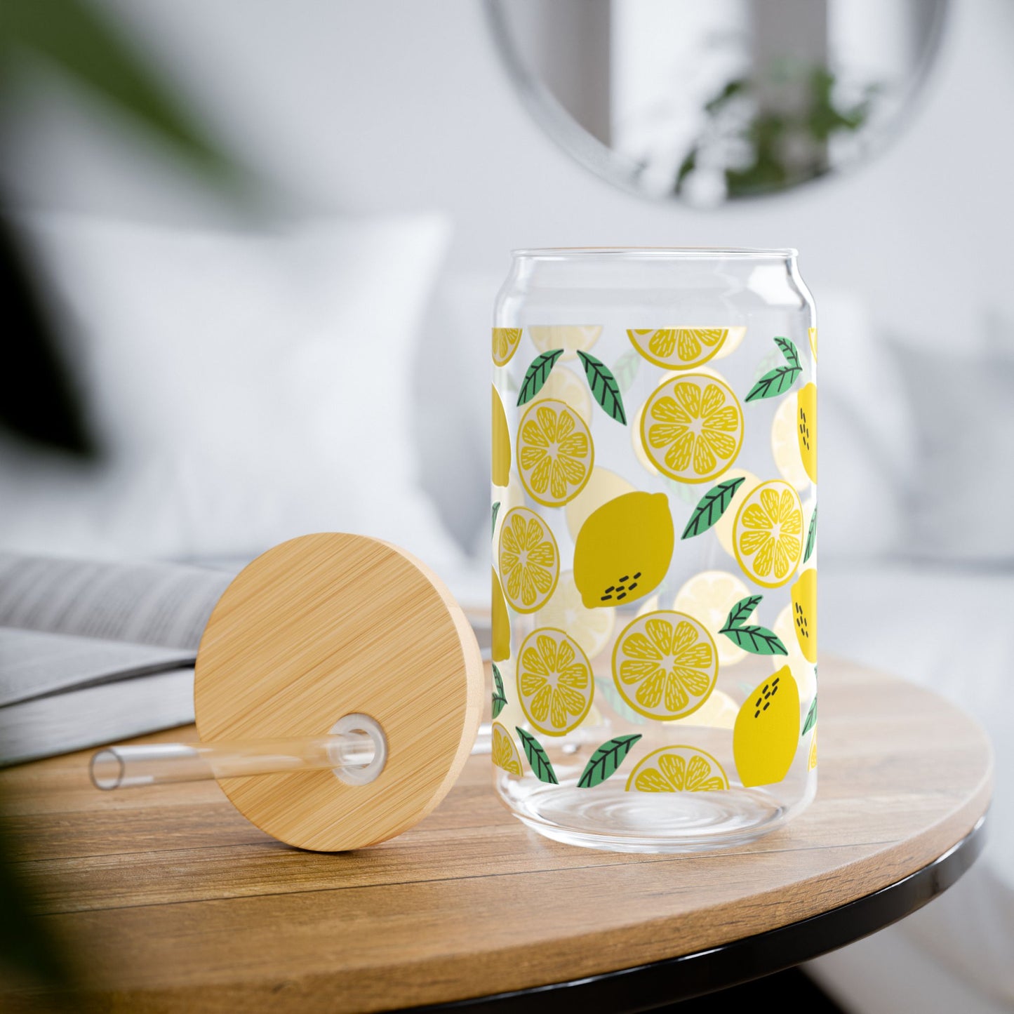 Lemon-Patterned Sipper Glass - 16oz Eco-Friendly Drinkware with Reusable Straw