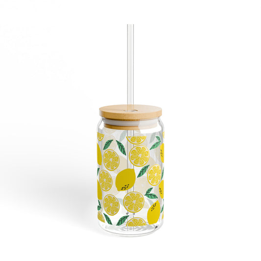 Lemon-Patterned Sipper Glass - 16oz Eco-Friendly Drinkware with Reusable Straw