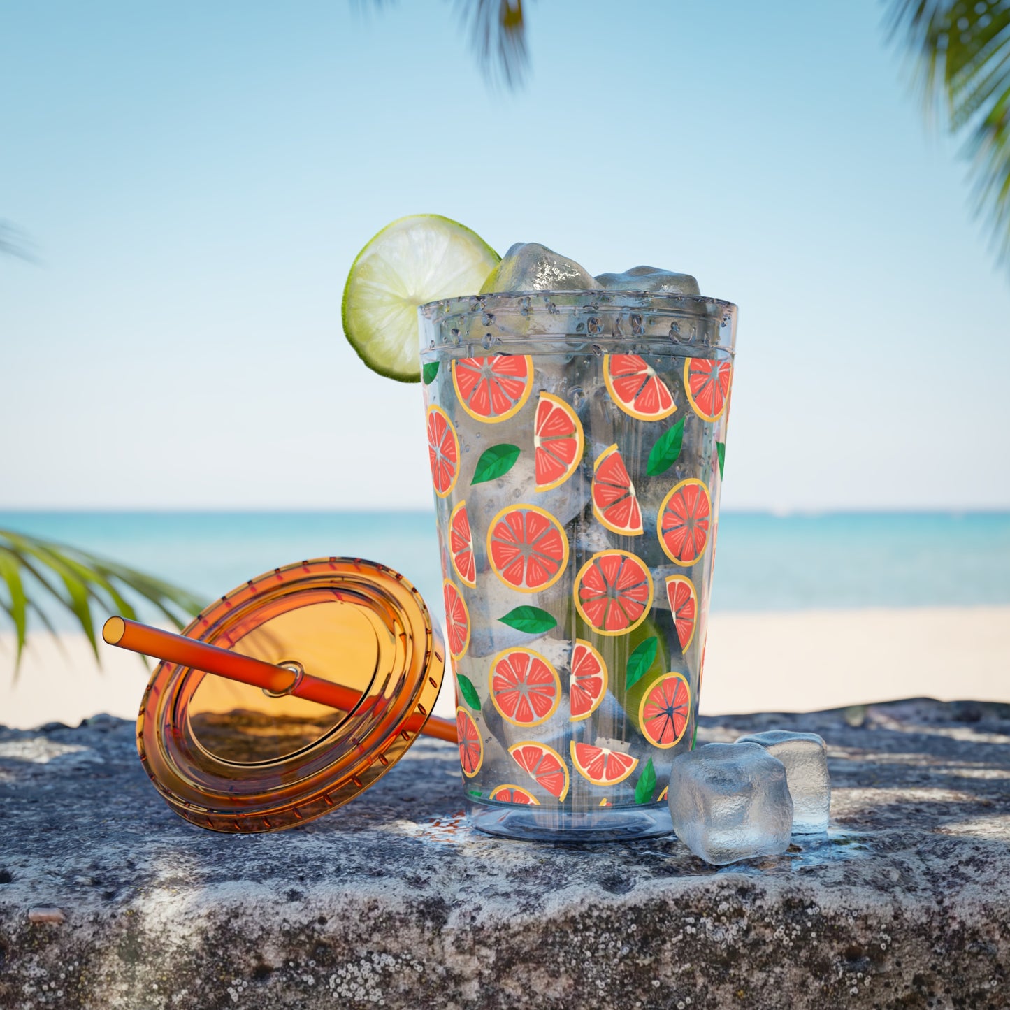Grapefruit Plastic Tumbler with Straw - 16oz Summer Drinkware