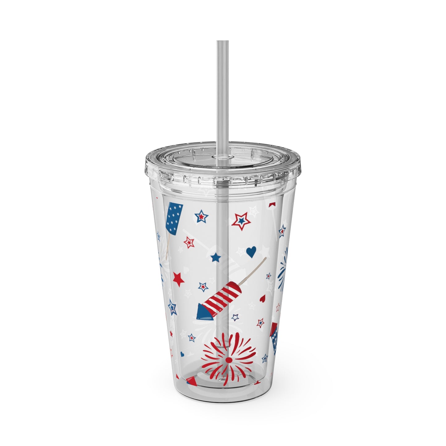 Patriotic Firework Plastic Tumbler with Straw, 16oz