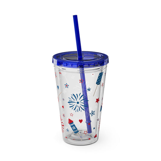 Patriotic Firework Plastic Tumbler with Straw, 16oz