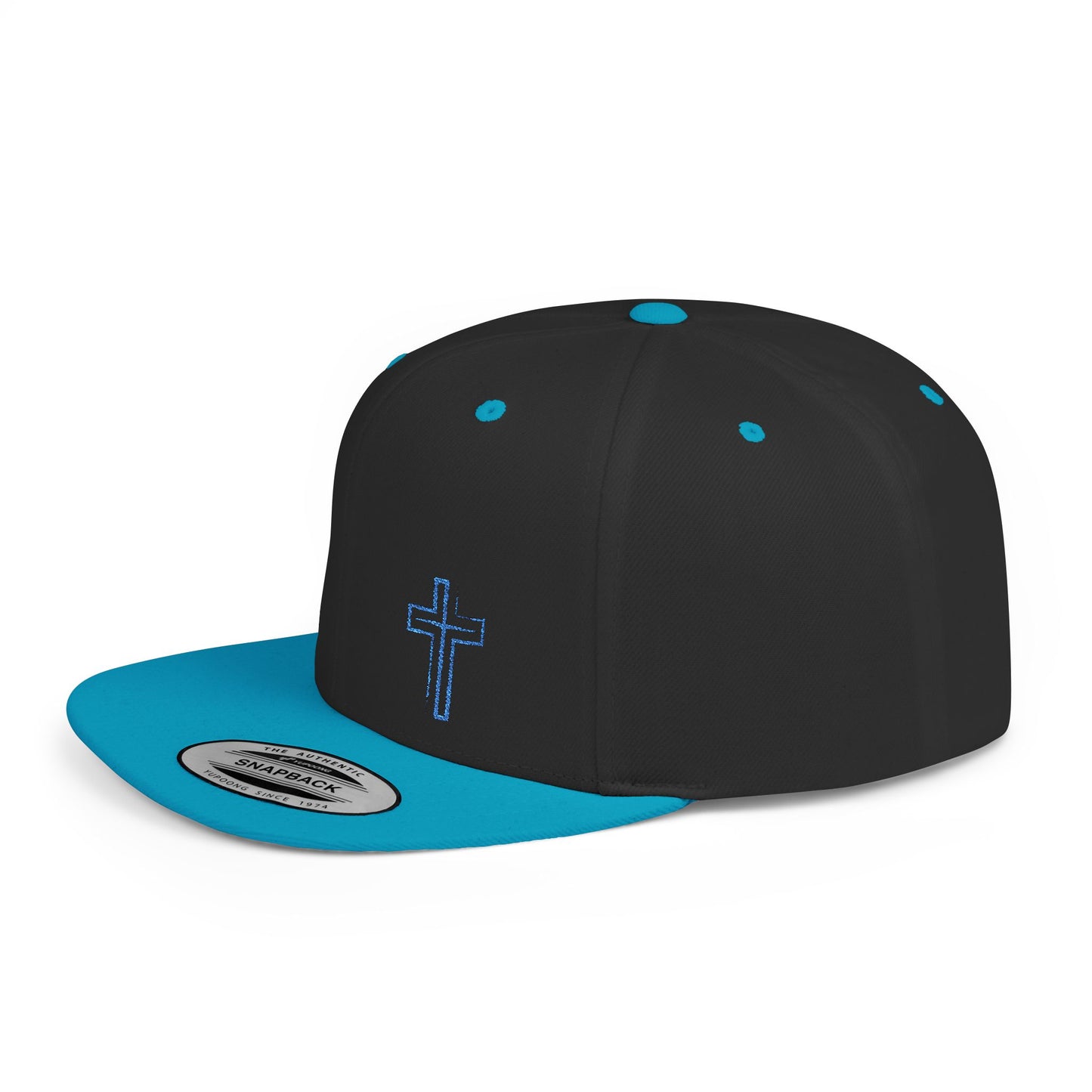 Faith-Inspired Flat Bill Snapback Hat with Cross Design