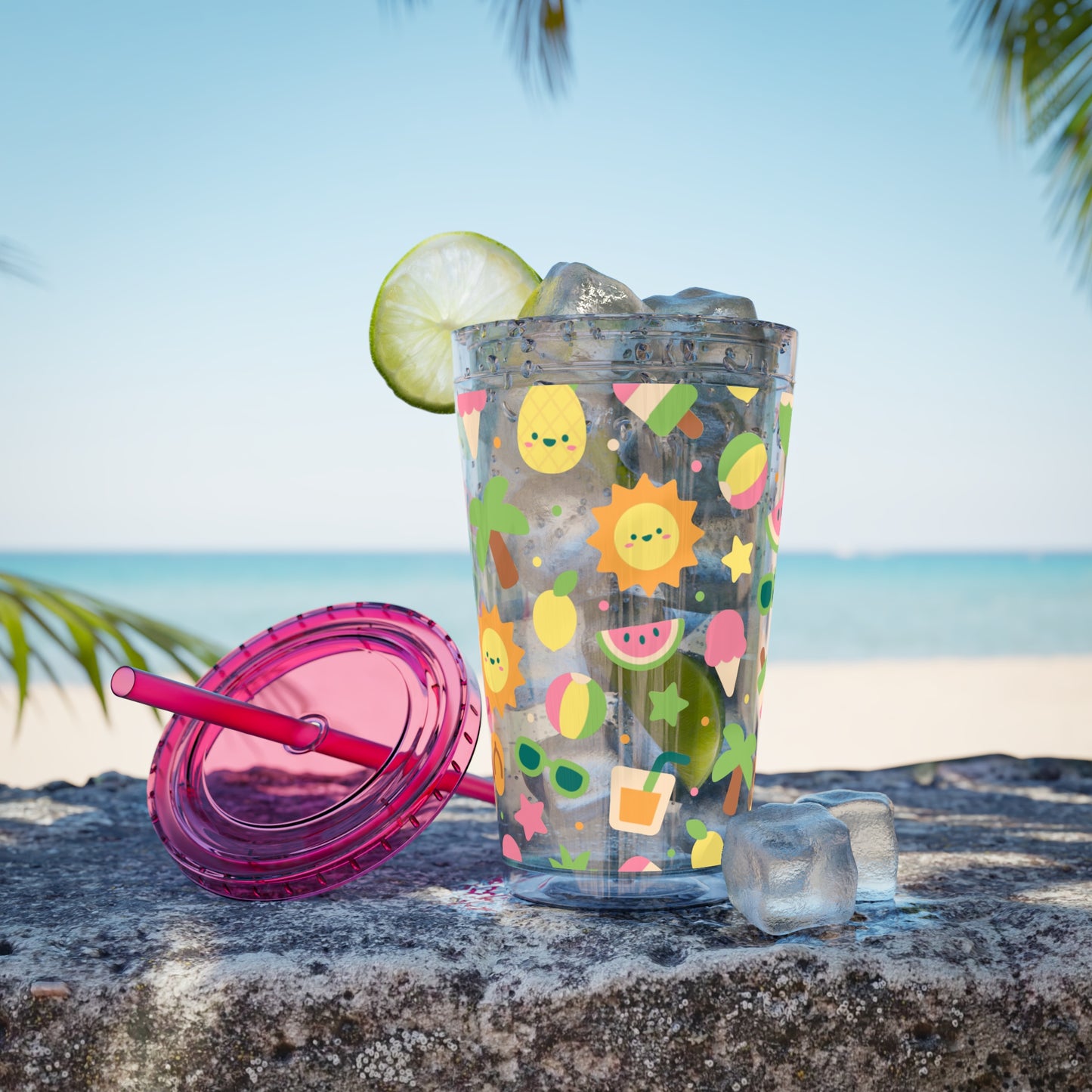 Sunsplash Summer Tumbler with Straw – 16oz Tropical Drink Cup for Fun Days