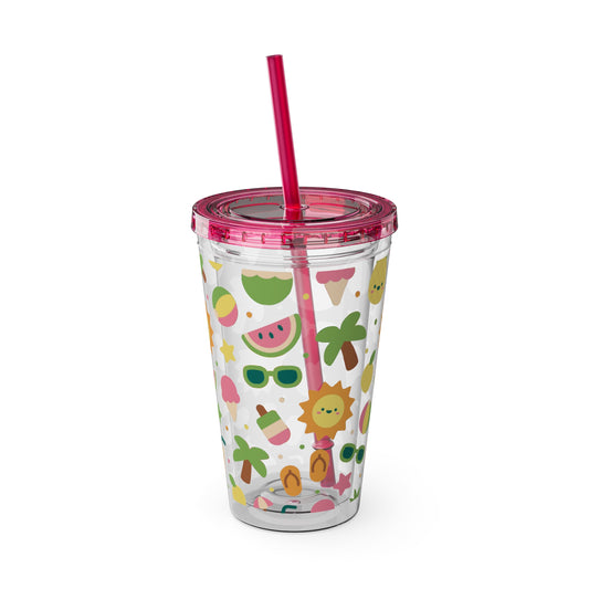 Sunsplash Summer Tumbler with Straw – 16oz Tropical Drink Cup for Fun Days