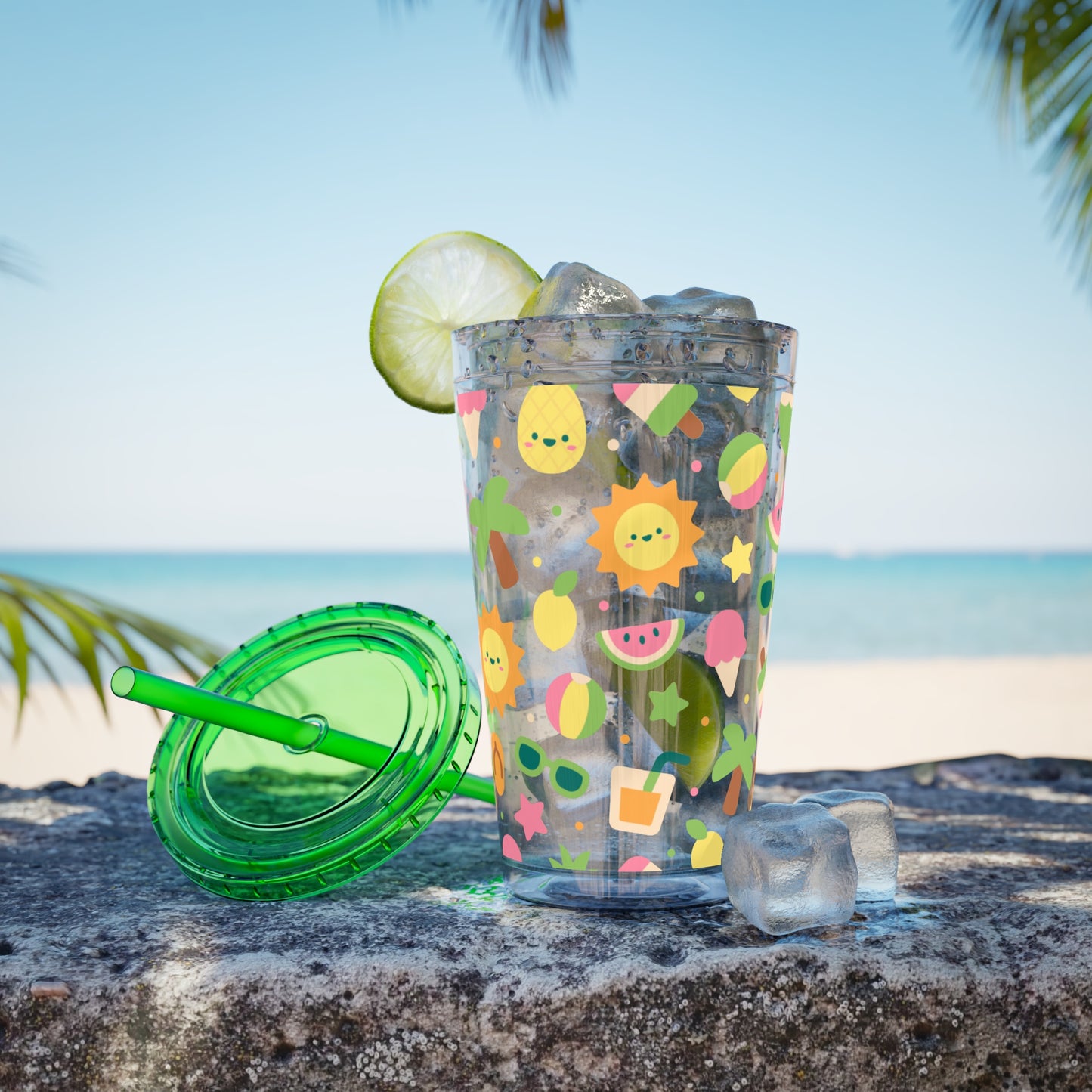 Sunsplash Summer Tumbler with Straw – 16oz Tropical Drink Cup for Fun Days
