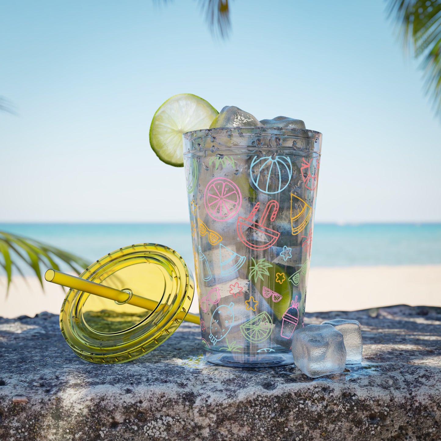 Sunsplash Plastic Tumbler - 16oz Summer Drinkware with Straw
