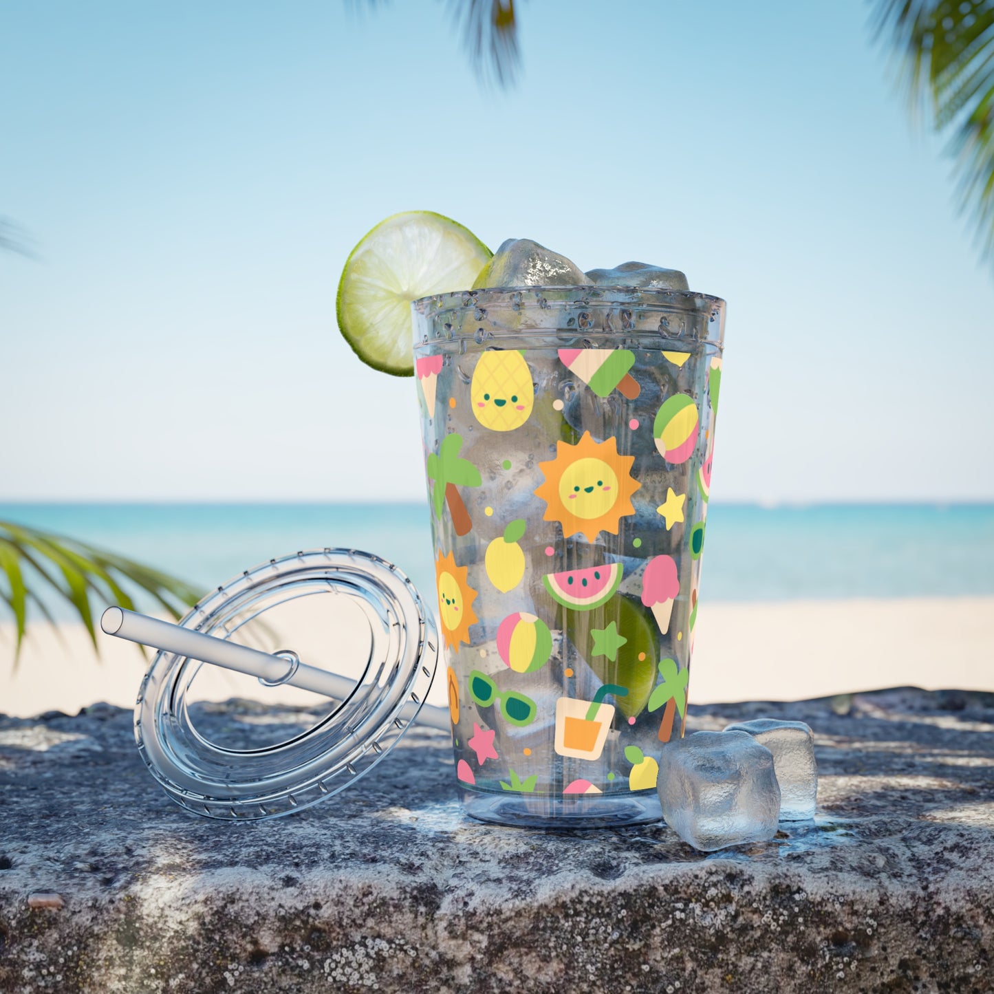 Sunsplash Summer Tumbler with Straw – 16oz Tropical Drink Cup for Fun Days