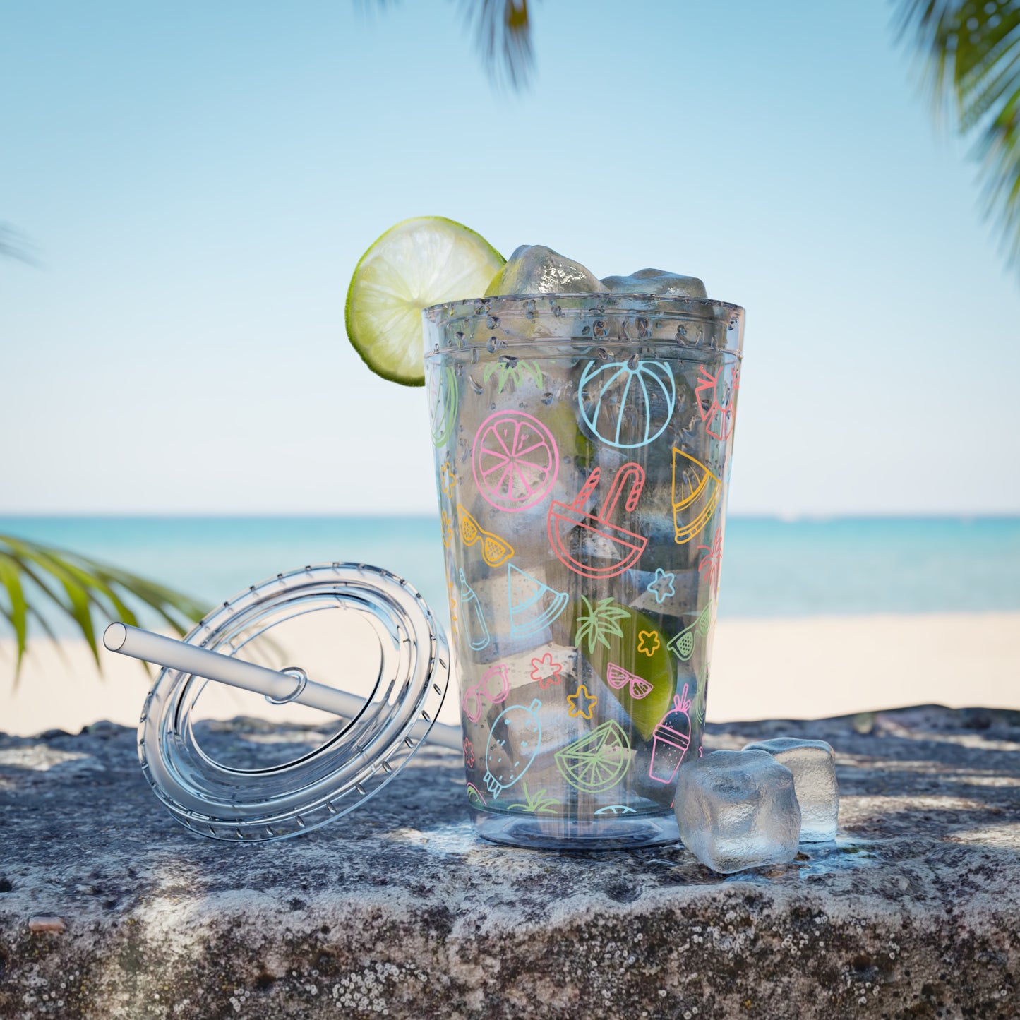 Sunsplash Plastic Tumbler - 16oz Summer Drinkware with Straw